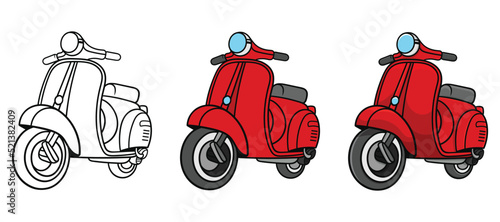 Red retro vintage scooter isolated on white background, Classic motor scooter Side View, Red scooter motorcycle, Flat style vector illustration, Red color motorcycle, Travel scooter motorcycle,