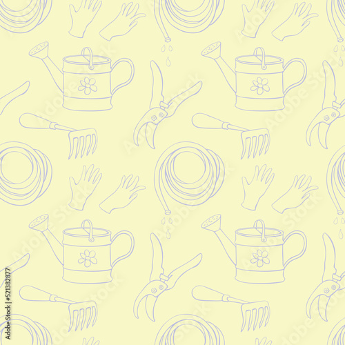 Seamless pattern with outline garden equipments: watering can, rake, hoe, gloves, pruner, hose for irrigation. Vector backgrounds and textures with tools gardening in doodle style