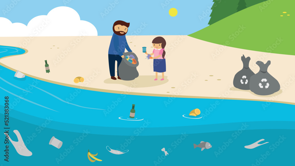 Dad and son collect plastic garbage on the shore in bags