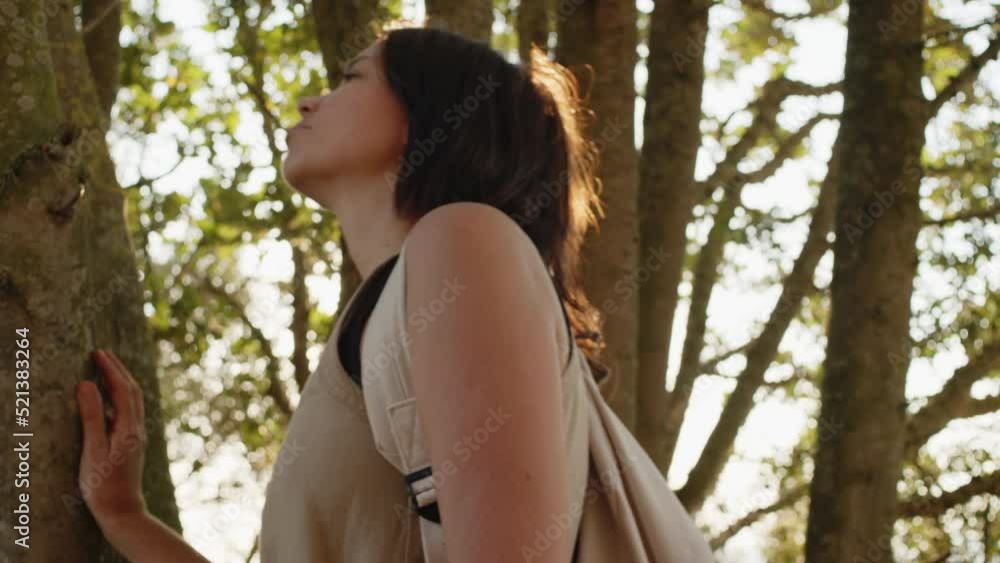 Young beautiful woman smiling and touching tree trunk in mountains Young beautiful woman smiling and touching tree trunk in mountains