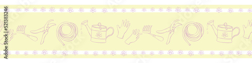 Edging, ribbon, border with outline flowers and garden equipments. Vector seamless pattern, ornament, decorative element, decoration with tools gardening in doodle style