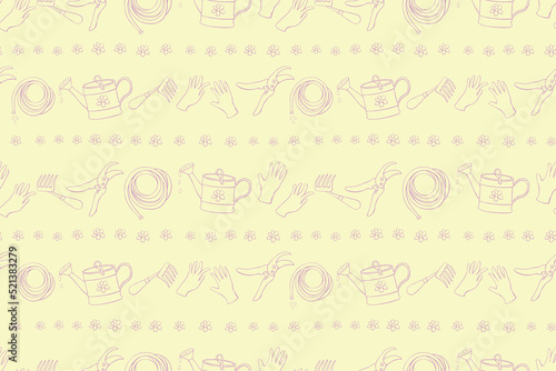 Seamless pattern with outline garden equipments: watering can, rake, hoe, gloves, pruner, hose for irrigation. Vector backgrounds and textures with tools gardening in doodle style