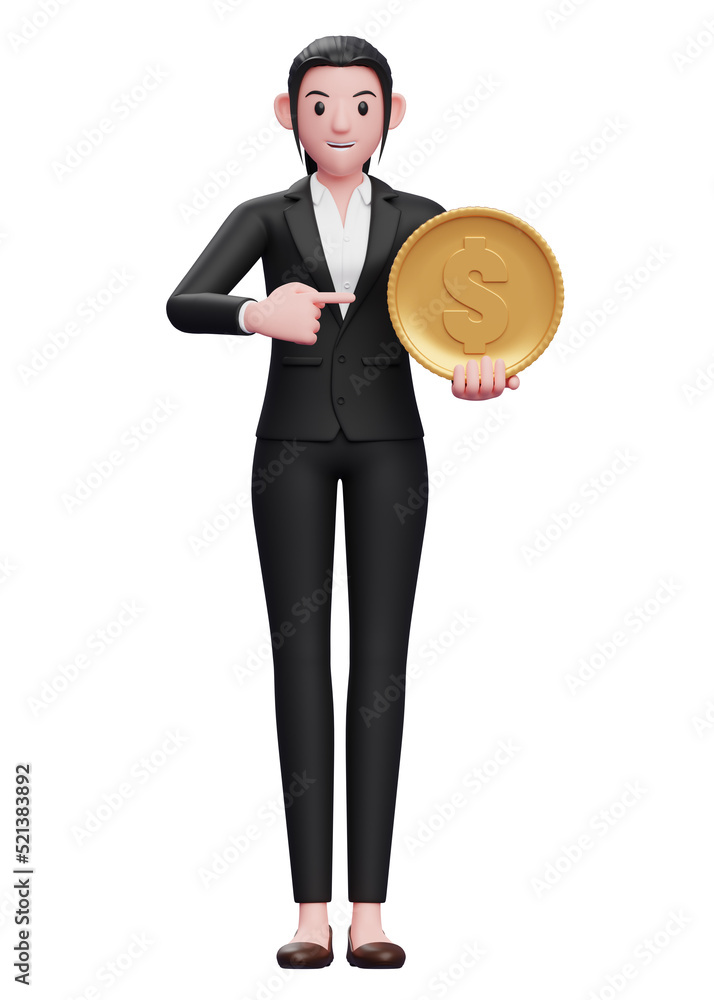 business woman in a black suit holding a coin and pointing it, 3d illustration of a business woman in a black suit holding dollar coin business woman in a black suit holding a coin and pointing it, 3d illustration of a business woman in a black suit holding dollar coin