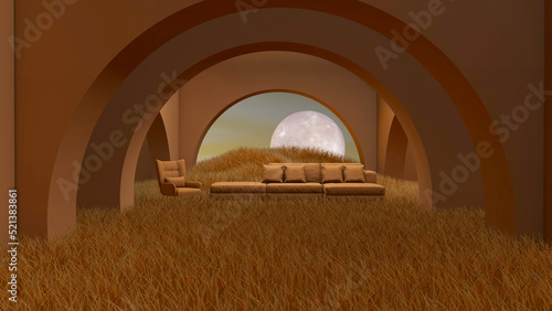 Moon 3d glowing on meadow. 3D illustration, 3D rendering 