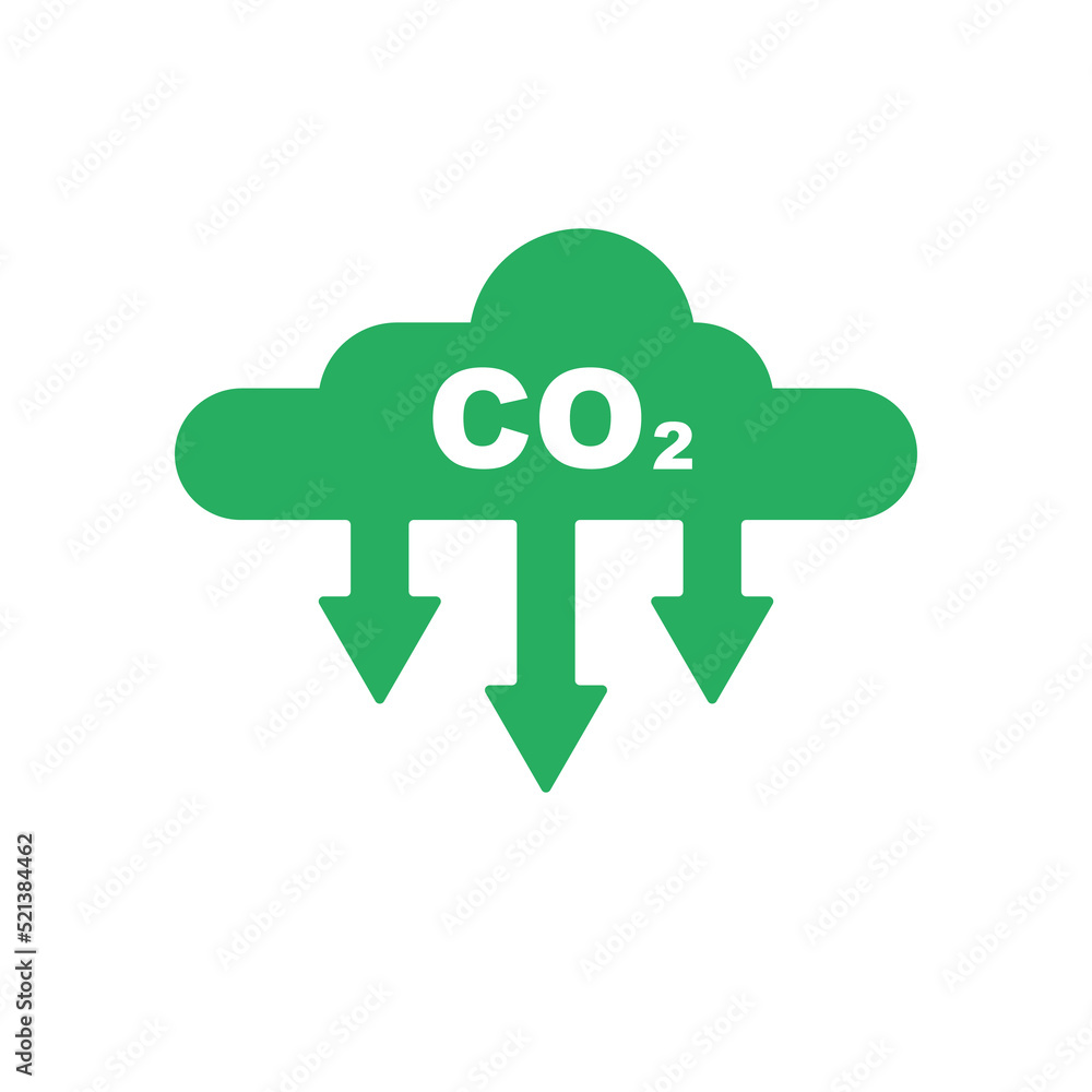 CO2 emission reduction icon. Carbon dioxide. Green cloud sign of carbon dioxide gas emission reduction. Improving ecology. Vector illustration flat design. Isolated on white background. CO2 emission reduction icon. Carbon dioxide. Green cloud sign of carbon dioxide gas emission reduction. Improving ecology. Vector illustration flat design. Isolated on white background.