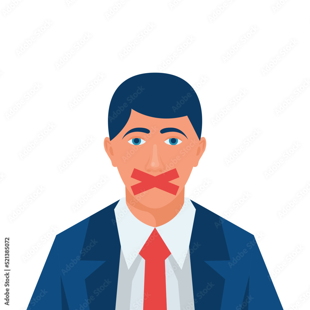 Silence concept. A businessman with a sealed mouth. The lips are sealed with tape. Violation of an individual's rights. No comment. Mouth on lock. Vector illustration flat design. Silent boycott. Silence concept. A businessman with a sealed mouth. The lips are sealed with tape. Violation of an individual's rights. No comment. Mouth on lock. Vector illustration flat design. Silent boycott.