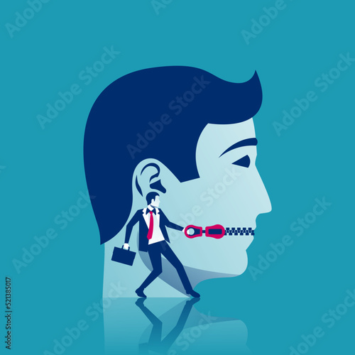 The businessman closes mouth to man. Mouth with zipper. Lips on lock. Vector illustration flat design. Not conversations. Symbol of silence. Violation of an individual's rights. Silence against.
