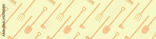 Seamless pattern with garden equipments: shovels, spades, rakes, hoes, pitchforks. Vector backgrounds and textures with tools for working on the farm, in dacha, country site in flat doodle style