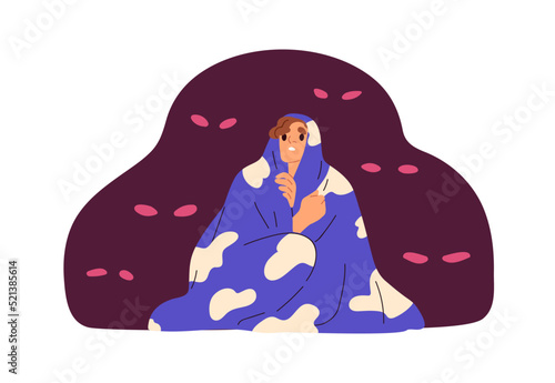 Fear of dark, nightmare concept. Person sitting under blanket, afraid of imagined creepy eyes looking from darkness at night. Psychology phobia. Flat vector illustration isolated on white background