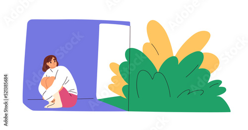 Psychology concept of phobia, fear of unsafe outdoor. Stressed person with mental anxiety disorder, afraid of going out home, comfort zone. Flat vector illustration isolated on white background