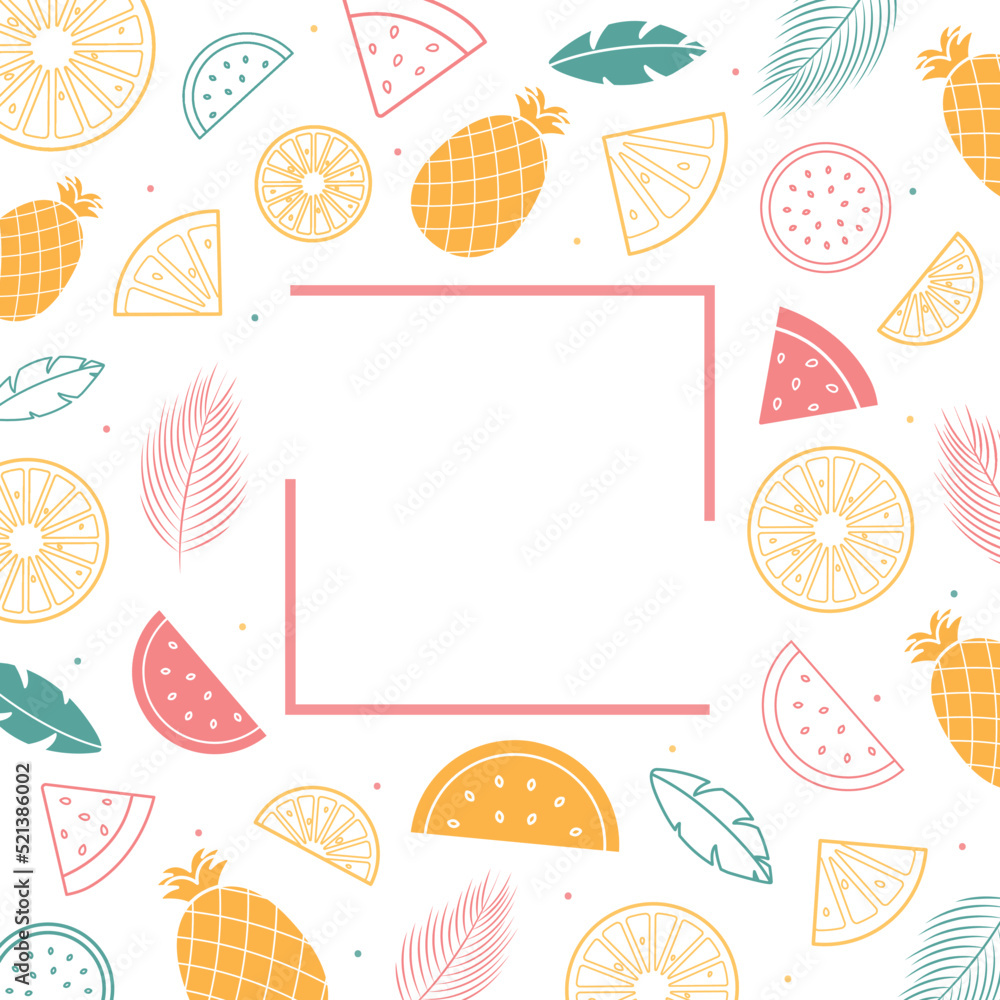 Summer time concept with lemons, watermelons, pineapples and fir leaves line art icons with square frame and space for your message. Summer time concept with lemons, watermelons, pineapples and fir leaves line art icons with square frame and space for your message.