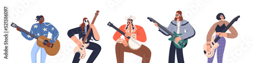 Men, women guitarist set. Musicians playing different string instruments, acoustic, electric, bass guitars, banjo. People perform music. Flat graphic vector illustrations isolated on white background