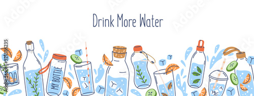 Water glasses and bottles border on ad banner. Summer aqua drinks, cold refreshment lemonades, detox beverages with ice cubes, splashes, fruits on promo background. Colored flat vector illustration