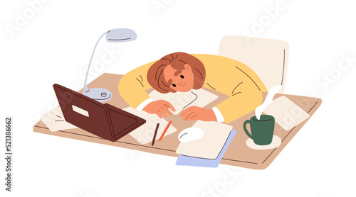 Tired employee at office work. Bored overworked person at computer desk, workplace. Burnout concept. Frustrated exhausted overloaded woman. Flat vector illustration isolated on white background