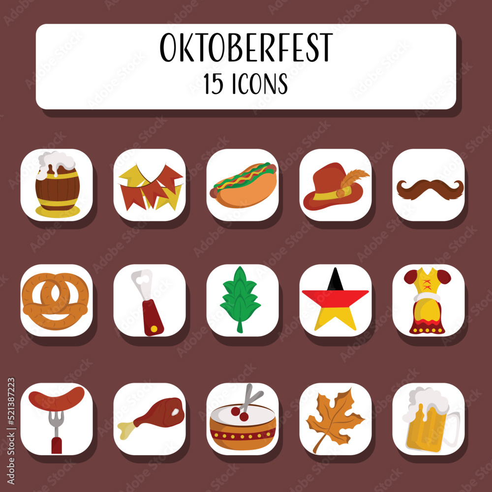 Colorful Oktoberfest Icon Set In Flat Style.