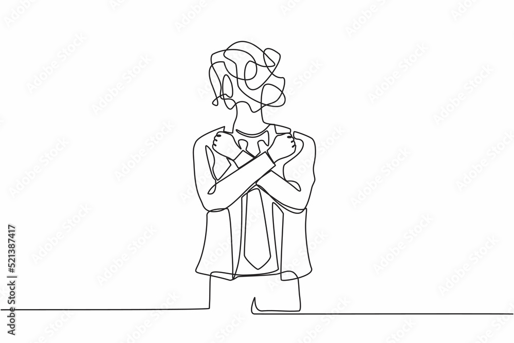 Single one line drawing businessman with round scribbles instead of head. Male manager with fists clenched, arms crossed gesture. Attractive guy with arms crossed. Continuous line draw design vector Single one line drawing businessman with round scribbles instead of head. Male manager with fists clenched, arms crossed gesture. Attractive guy with arms crossed. Continuous line draw design vector