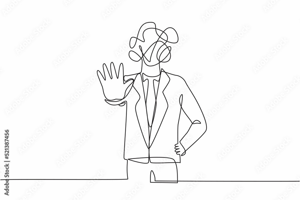 Single one line drawing businessman with round scribbles instead of a head. Man making stop gesture sign with hand, saying no. Warning signal with palm hand. Continuous line design vector illustration