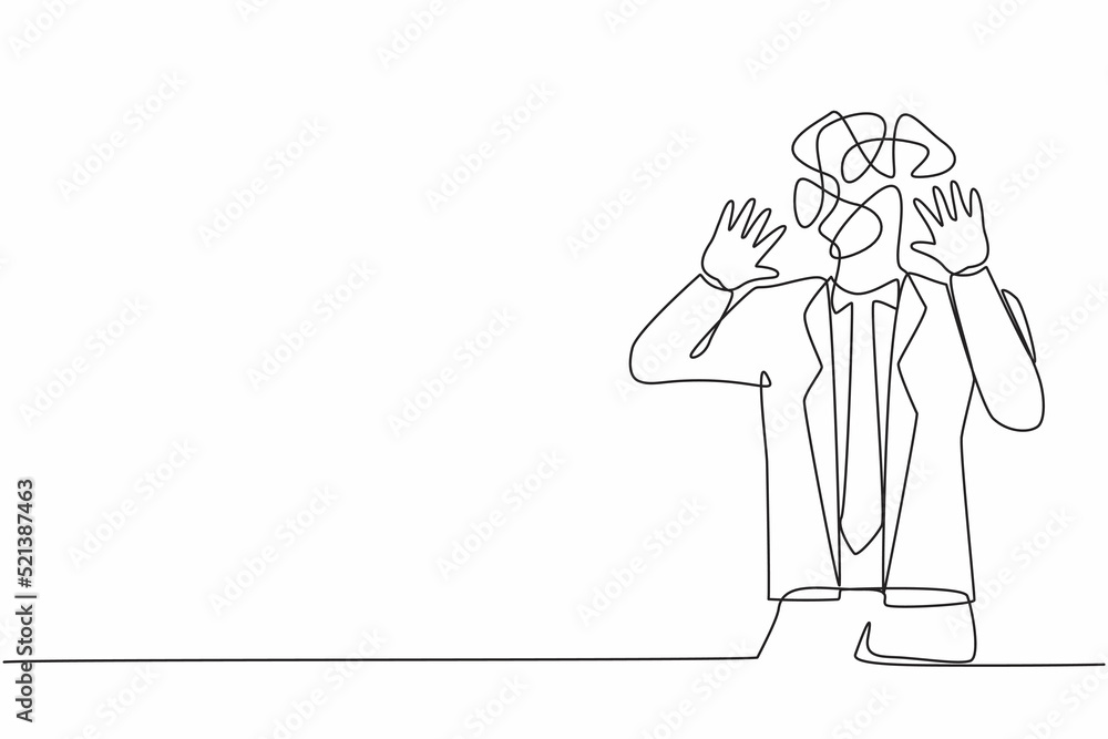 Continuous one line drawing businessman with round scribbles instead of a head. Man shocked, afraid, scared, terrified, fear expression. Stop gesture with palm hands. Single line graphic design vector