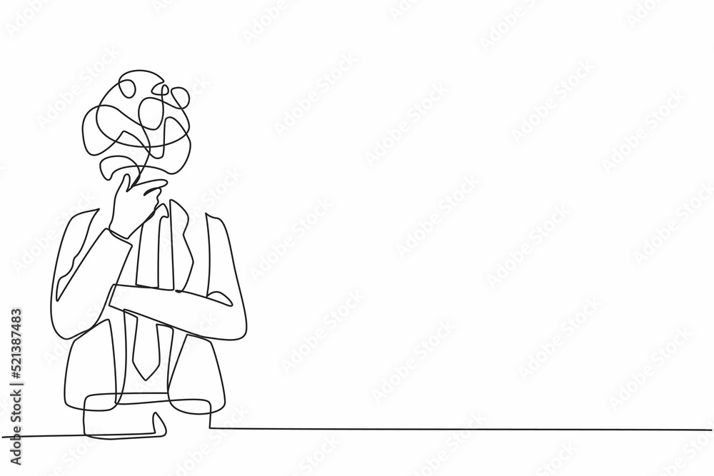 Single continuous line drawing businessman with round scribbles instead of head. Male manager in formal suit standing in thoughtful pose holding his chin thinking. One line draw graphic design vector