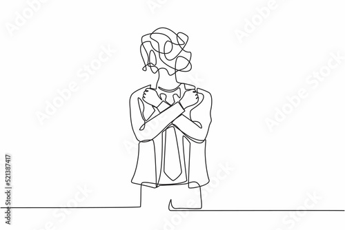 Single one line drawing businessman with round scribbles instead of head. Male manager with fists clenched, arms crossed gesture. Attractive guy with arms crossed. Continuous line draw design vector