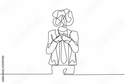 Single one line drawing businessman with round scribbles instead of a head. Man hand making sign crossing fingers forming an x. Cross, wrong or banned just say no. Continuous line draw design vector