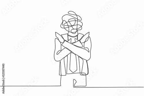 Single continuous line drawing businessman with round scribbles instead of a head. Office worker, making no hand sign or x symbol, crossing hands, rejection, displeased. One line graphic design vector