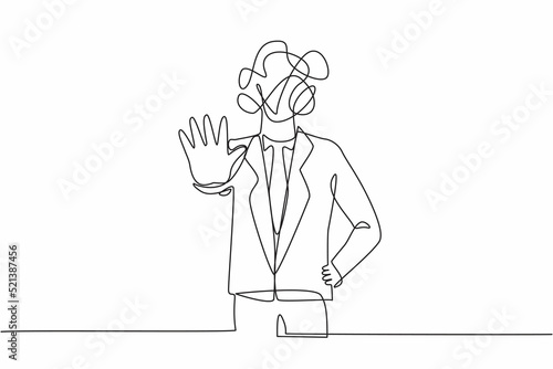 Single one line drawing businessman with round scribbles instead of a head. Man making stop gesture sign with hand, saying no. Warning signal with palm hand. Continuous line design vector illustration