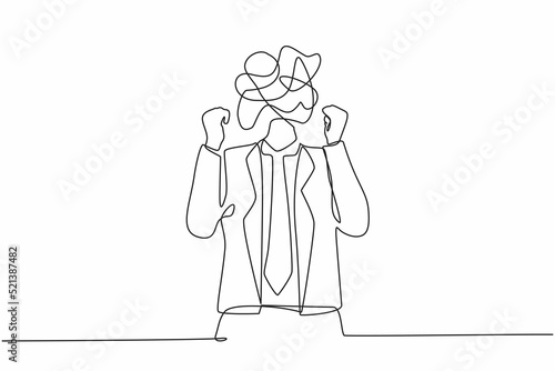 Single one line drawing businessman with round scribbles instead of a head. Angry man raised fist and shout or screaming expression. Man expresses negative emotions. Continuous line draw design vector