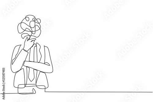Single continuous line drawing businessman with round scribbles instead of head. Male manager in formal suit standing in thoughtful pose holding his chin thinking. One line draw graphic design vector