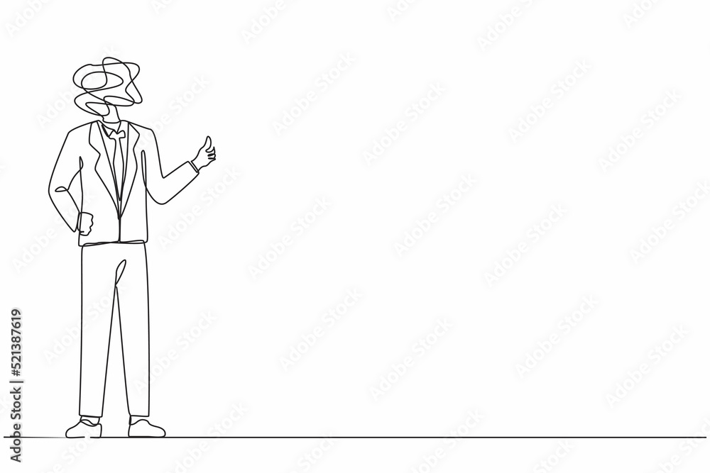 Continuous one line drawing businessman with round scribbles instead of a head. Male manager dressed in formal suit showing thumbs up sign. Deal, like, agree, approve. Single line draw design vector