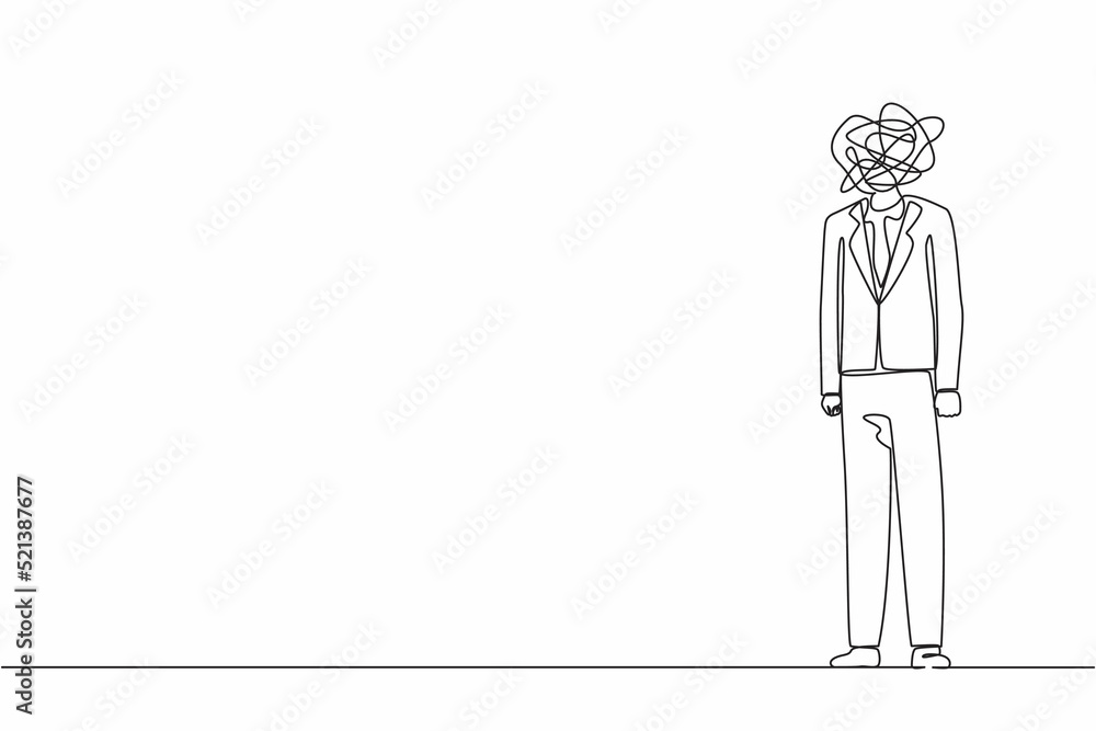 Continuous one line drawing businessman with round scribbles instead of head. Frustrated man. Nervous problem, anxiety, confusion in thoughts. Mental disorder. Single line design vector graphic Continuous one line drawing businessman with round scribbles instead of head. Frustrated man. Nervous problem, anxiety, confusion in thoughts. Mental disorder. Single line design vector graphic