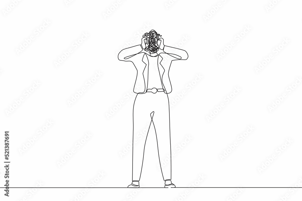Obraz premium Single continuous line drawing businesswoman with round scribbles instead of head. Confused thoughtful pensive female asking questions searching answers, trouble solution. One line draw design vector