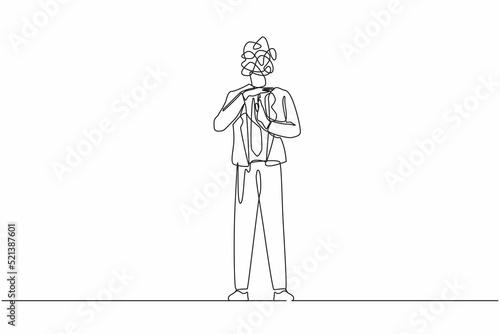 Continuous one line drawing businessman with round scribbles instead of head. Stop working, time break gesture, timeout signal. Body language sign with palms fingers. Single line draw design vector