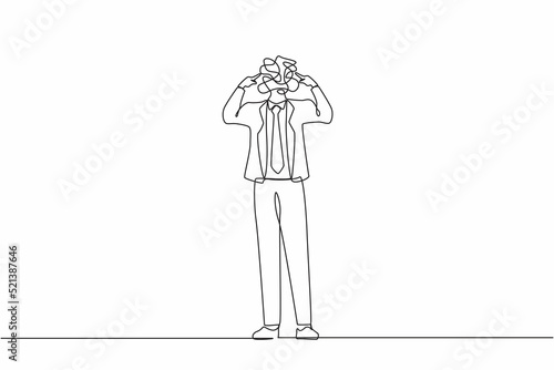 Single continuous line drawing businessman with round scribbles instead of a head. Male manager covering his ears with fingers. Person closing or plugging for loud noise. One line draw design vector