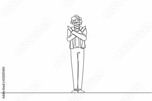 Continuous one line drawing businessman with round scribbles instead of a head. Man with crossed arms. Gesture crossed hands. Stop symbol. Rejection sign. Saying no. Single line draw design vector
