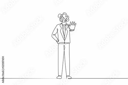 Continuous one line drawing businessman with round scribbles instead of head. Angry business man or strict boss standing and rejecting something with stop hand gesture. Single line draw design vector