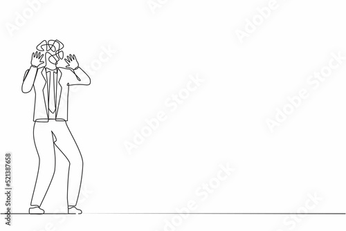 Single one line drawing businessman with round scribbles instead of head. Man shocked. Stop gesture with palm hands  shouting. Human emotions  expressions. Continuous line draw design graphic vector