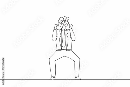 Single one line drawing businessman with round scribbles instead of head. Angry man raised fist gesture. Expresses negative emotions, feelings, desperately. Continuous line draw design graphic vector