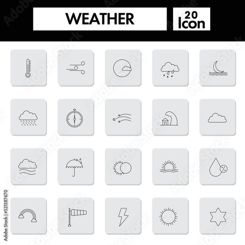 Set Of Black Outline Weather Symbol Or Icons Over Grey Square Background.