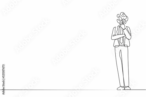 Single continuous line drawing businessman with round scribbles instead of a head. Male manager standing in thoughtful pose holding his chin thinking and finding answer. One line graphic design vector