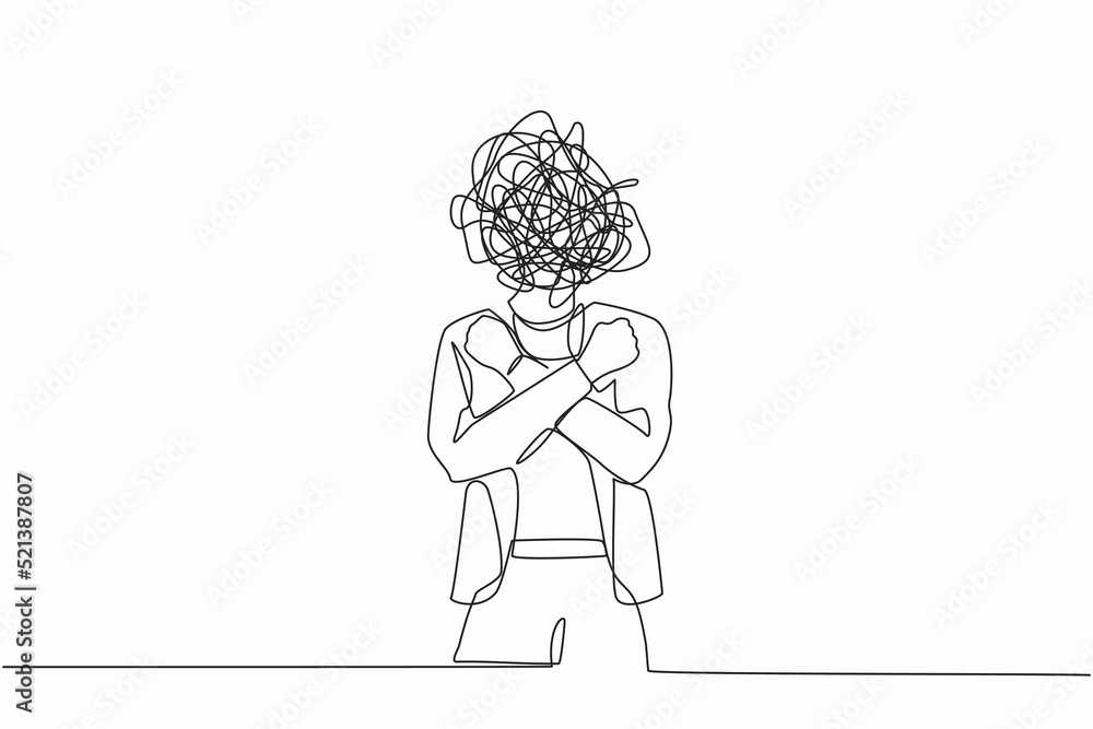 Continuous one line drawing businesswoman with round scribbles instead of head. Female with fists clenched, arms crossed gesture. Attractive girl with arms crossed. Single line graphic design vector Continuous one line drawing businesswoman with round scribbles instead of head. Female with fists clenched, arms crossed gesture. Attractive girl with arms crossed. Single line graphic design vector