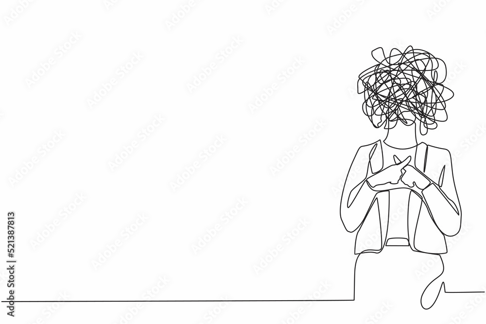 Single one line drawing businesswoman with round scribbles instead of head. Woman hand making sign crossing fingers forming an x. Cross, wrong or banned just say no. Continuous line draw design vector Single one line drawing businesswoman with round scribbles instead of head. Woman hand making sign crossing fingers forming an x. Cross, wrong or banned just say no. Continuous line draw design vector