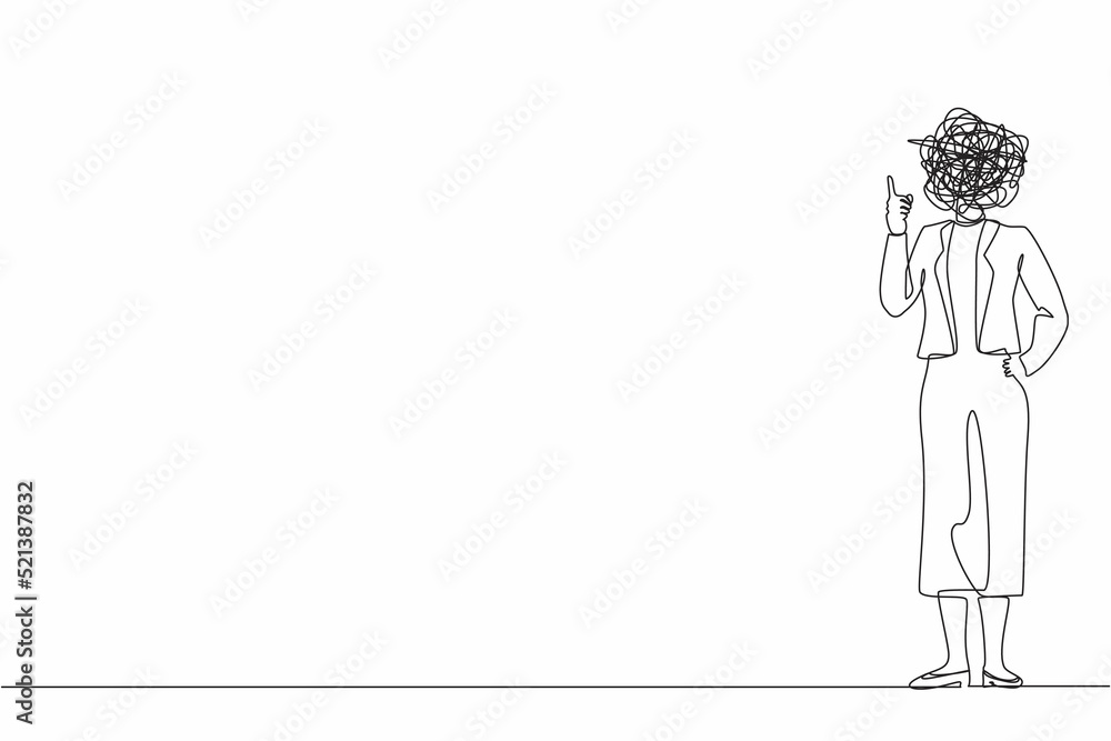 Single one line drawing businesswoman with round scribbles instead of head. Female manager pointing finger up gesture. Idea, innovation, invention, problem solving. Continuous line draw design vector Single one line drawing businesswoman with round scribbles instead of head. Female manager pointing finger up gesture. Idea, innovation, invention, problem solving. Continuous line draw design vector