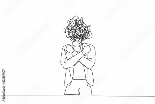 Continuous one line drawing businesswoman with round scribbles instead of head. Female with fists clenched, arms crossed gesture. Attractive girl with arms crossed. Single line graphic design vector