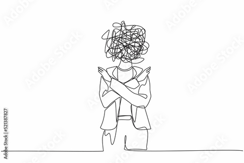Single continuous line drawing businesswoman with round scribbles instead of a head. Office worker, making no hand sign or x symbol, crossing hands, rejection, displeased. One line draw design vector