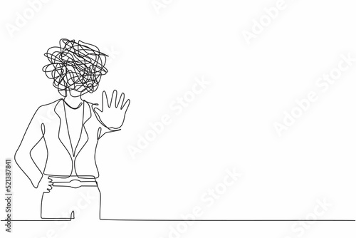 Continuous one line drawing businesswoman with round scribbles instead of head. Woman making stop gesture sign with hand, saying no. Warning signal with palm hand. Single line design vector graphic