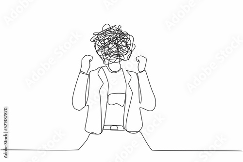 Continuous one line drawing businesswoman with round scribbles instead of head. Angry woman raised fist, shout or screaming expression. Woman expresses negative emotion. Single line draw design vector