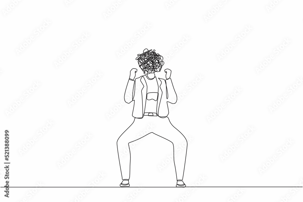 Single one line drawing businesswoman with round scribbles instead of head. Angry woman raised fist gesture. Expresses negative emotions, feelings, desperately. Continuous line design graphic vector Single one line drawing businesswoman with round scribbles instead of head. Angry woman raised fist gesture. Expresses negative emotions, feelings, desperately. Continuous line design graphic vector