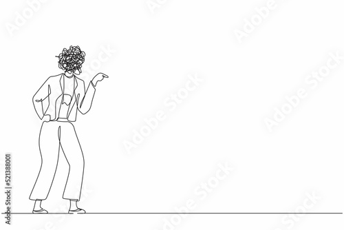Continuous one line drawing businesswoman with round scribbles instead of head. Angry female arguing, conflicting. Quarrel, fight aggressive person. Blaming, criticizing. Single line design vector