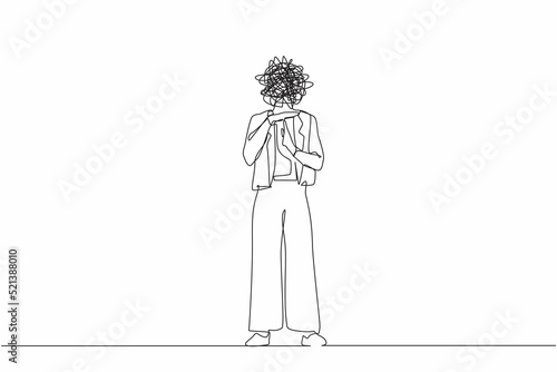 Continuous one line drawing businesswoman with round scribbles instead of head. Stop working, time break gesture, timeout signal. Body language sign with palms fingers. Single line draw design vector